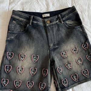 POL Embroider Distressed Dark Denim Shorts, S
